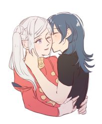 Rule 34 | 2girls, black shirt, blue hair, blush, buttons, byleth (female) (fire emblem), byleth (fire emblem), closed mouth, collar, commentary request, couple, dress, edelgard von hresvelg, fire emblem, fire emblem: three houses, from side, hand on another&#039;s neck, hug, kiss, kissing cheek, long hair, long sleeves, looking at another, multiple girls, nintendo, one eye closed, parted lips, puffy long sleeves, puffy sleeves, purple eyes, red dress, riromomo, shirt, short sleeves, side ponytail, sidelocks, simple background, smile, turtleneck, white background, white hair, yuri