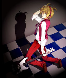 Rule 34 | 1boy, ahoge, bad id, bad pixiv id, bass guitar, blonde hair, checkered floor, fender precision bass, from above, from side, headphones, highres, instrument, kagamine len, kneeling, looking at viewer, looking back, male focus, mukkun, necktie, open mouth, pants, red necktie, red pants, shadow, shirt, solo, vest, vocaloid, white shirt
