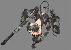 Rule 34 | 1girl, all fours, black bodysuit, black gloves, blonde hair, bodystocking, bodysuit, cannon, elbow gloves, gloves, grey background, headgear, highres, machinery, mecha musume, mechanical tail, military, military vehicle, motor vehicle, original, personification, red eyes, shell casing, short hair, simple background, solo, stmast, stridsvagn 103 (personification), tail, tank, torn bodystocking, torn clothes