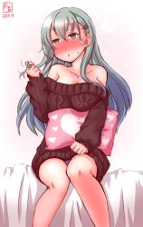 Rule 34 | 1girl, aqua eyes, aqua hair, artist logo, bare shoulders, bed, blush, brown sweater, collarbone, commentary request, dated, feet out of frame, hair ornament, hairclip, heart, highres, kanon (kurogane knights), kantai collection, long hair, looking to the side, nose blush, off-shoulder, off-shoulder sweater, panties, pantyshot, pillow, playing with hair, purple panties, simple background, sitting, solo, suzuya (kancolle), sweater, underwear, white background