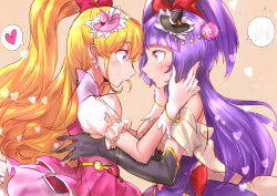 Rule 34 | 2girls, asahina mirai, blonde hair, cure magical, cure miracle, eye contact, gloves, hat, heart, izayoi liko, long hair, looking at another, magical girl, mahou girls precure!, mini hat, mini witch hat, multiple girls, precure, profile, purple eyes, purple hair, red eyes, sketch, speech bubble, spoken heart, tsuru ringo, white gloves, witch hat, yuri