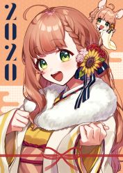 Rule 34 | 1girl, 2020, :d, ahoge, animal ear fluff, animal ears, black bow, blush, bow, braid, brown background, brown hair, chibi, chinese zodiac, commentary request, egasumi, flower, fur collar, green eyes, hair bow, hair flower, hair ornament, honma himawari, japanese clothes, kimono, long hair, long sleeves, mouse ears, nijisanji, open clothes, open mouth, pink flower, pink rose, red flower, red rose, rose, sleeves past wrists, smile, solo focus, striped, striped bow, sunflower, sunflower hair ornament, teeth, upper body, upper teeth only, v-shaped eyebrows, very long hair, virtual youtuber, wide sleeves, yamabukiiro, year of the rat, yellow flower, yellow kimono