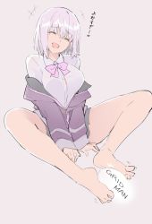 Rule 34 | 10s, 1girl, barefoot, breasts, closed eyes, feet, footjob, gridman universe, large breasts, light purple hair, parted lips, shinjou akane, ssss.gridman, thighs, toes, translated