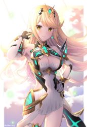 Rule 34 | 1girl, bare legs, bare shoulders, blonde hair, breasts, chest jewel, cleavage, cleavage cutout, clothing cutout, dress, earrings, elbow gloves, gem, gloves, headpiece, jewelry, large breasts, long hair, mohurine cute, mythra (xenoblade), short dress, solo, swept bangs, thigh strap, tiara, very long hair, white dress, white gloves, xenoblade chronicles (series), xenoblade chronicles 2, yellow eyes