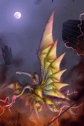 Rule 34 | city, claws, commentary, destruction, dragon, dragon horns, dragon wings, electricity, fangs, glowing, glowing eyes, godzilla (series), highres, horns, kaijuu, king ghidorah, kuroda asaki, lightning, looking at viewer, monster, moon, moonlight, multiple heads, multiple tails, multiple wings, night, no humans, open mouth, red eyes, red lightning, scales, sharp teeth, sky, spikes, tail, teeth, translation request, wings
