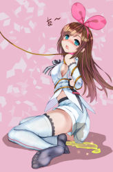 Rule 34 | 1girl, aqua eyes, arms behind back, bare shoulders, bdsm, black bow, black bowtie, blush, bondage, bound, bound arms, bow, bowtie, breasts, brown hair, collar, detached sleeves, drooling, female focus, full body, haimei1980, hairband, highres, japanese text, kizuna ai, kizuna ai inc., leash, looking up, multicolored hair, nose blush, open mouth, peeing, peeing self, pink background, pink hair, pink hairband, puddle, rolling eyes, rope, shiny skin, shirt, short shorts, shorts, sideboob, simple background, sitting, sleeveless, sleeveless shirt, small breasts, solo, sparkle, streaked hair, teeth, thighhighs, translated, two-tone hair, virtual youtuber, wet, wet clothes, white shirt, white shorts, white thighhighs