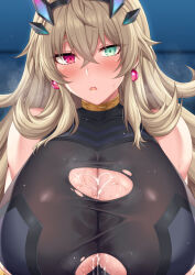 Rule 34 | 1girl, after paizuri, bare shoulders, barghest (fate), barghest (second ascension) (fate), black dress, blonde hair, blush, breasts, cum, cum on body, cum on breasts, cum on upper body, dress, earrings, fate/grand order, fate (series), green eyes, heterochromia, highres, horns, horosuke, huge breasts, jewelry, long hair, looking at viewer, open mouth, red eyes, solo
