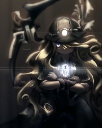 Rule 34 | 1girl, black gloves, black pants, blonde hair, blue eyes, brown background, cape, closed mouth, cowboy shot, curly hair, flashlight, gloves, glowing, glowing eyes, hair between eyes, hair over one eye, helmet, highres, jacket, long hair, looking at viewer, lyza (made in abyss), made in abyss, marudoll, one eye covered, pants, pickaxe, simple background, sleeves rolled up, solo, very long hair, weapon, weapon on back, whistle, whistle around neck