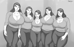 Rule 34 | 5girls, android, artist name, body writing, breasts, cleavage, collarbone, curvy, diadem, franktonius, huge breasts, large breasts, long hair, looking at viewer, mature female, mole, mole on breast, mole under eye, monochrome, multiple girls, original, plump, smile, thick thighs, thighs, wide hips, wide sleeves