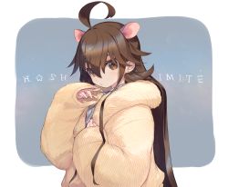 Rule 34 | 1girl, ahoge, amana (pocketkey), animal ears, brown eyes, brown hair, brown jacket, closed mouth, commentary request, earrings, eyebrows hidden by hair, hair between eyes, hands up, highres, jacket, jewelry, long hair, long sleeves, looking at viewer, original, puffy long sleeves, puffy sleeves, sleeves past wrists, solo, striped clothes, striped jacket, stud earrings, upper body, very long hair