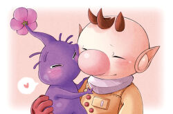 Rule 34 | 1boy, ^ ^, alien, bad id, bad pixiv id, big nose, blush, brown hair, buttons, closed eyes, flower, gloves, hand on another&#039;s shoulder, heart, hug, male focus, nintendo, no headwear, pikmin (series), pink background, pink flower, pointy ears, purple pikmin, red gloves, short hair, smile, spacesuit, speech bubble, spoken heart, third-party source, upper body, very short hair, yorumatsu