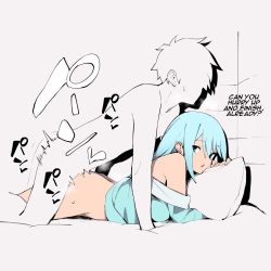 Rule 34 | 1boy, 1girl, all fours, aqua (konosuba), ass, bare shoulders, blue hair, blue pajamas, bored, bottomless, breasts, clothed female nude male, commentary request, emotionless sex, expressionless, eyes visible through hair, grey background, hair between eyes, hard-translated, heavy breathing, hetero, highres, jikatarou, kono subarashii sekai ni shukufuku wo!, large breasts, long hair, looking back, lying, motion lines, nude, hugging object, off shoulder, on bed, on stomach, pajamas, pillow, pillow hug, prone bone, satou kazuma, sex, sex from behind, simple background, sweatdrop, third-party edit, translated, triangle mouth