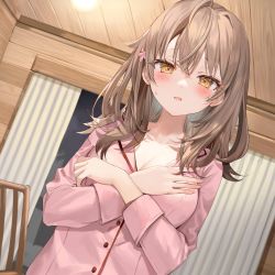 Rule 34 | 1girl, absurdres, blush, breasts, brown eyes, brown hair, buttons, chair, cleavage, collarbone, commentary request, crossed arms, dutch angle, hand on own chest, highres, indoors, long hair, long sleeves, looking at viewer, medium breasts, momoko (momopoco), open mouth, pajamas, pink pajamas, sleepwear, solo, sweatdrop, tokidoki bosotto roshia-go de dereru tonari no arya-san