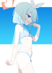Rule 34 | 1girl, absurdres, arona (blue archive), ass, bare arms, bare legs, bare shoulders, bikini, blue archive, blue bikini, blue eyes, blue hair, blush, braid, cowboy shot, flat chest, from side, groin, hagoonha, halo, heart, heart halo, highres, looking at viewer, navel, open mouth, profile, red halo, short hair, smile, solo, swimsuit, twin braids, wet