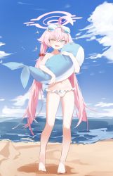 Rule 34 | 1girl, absurdres, ahoge, beach, bikini, blue archive, eyewear on head, fang, frilled bikini, frills, full body, hair between eyes, halo, heterochromia, highres, hoshino (blue archive), hoshino (swimsuit) (blue archive), long hair, looking at viewer, low twintails, navel, open mouth, pink hair, sand, silday, sky, solo, sunglasses, swimsuit, twintails, white bikini