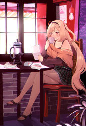 Rule 34 | 1girl, ahoge, aise yuria, bare shoulders, black hairband, black shirt, blonde hair, blush, braid, brown footwear, brown sweater, chair, closed mouth, commentary request, cup, envelope, full body, furukawa itsuse, grey skirt, hairband, heart, high heels, highres, holding, holding cup, indoors, iriam, layered sleeves, crossed legs, letter, light bulb, long hair, long sleeves, mug, off-shoulder sweater, off shoulder, on chair, plaid, plaid skirt, pleated skirt, red eyes, sandals, shirt, short over long sleeves, short sleeves, simple background, sitting, skirt, sleeves past wrists, smile, sweater, table, very long hair, virtual youtuber, window