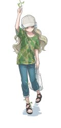 Rule 34 | 1girl, arm up, bag, baseball cap, blonde hair, bow, brown eyes, camouflage, camouflage shirt, collarbone, denim, hair bow, handa roco, hat, highres, holding, holding bag, idolmaster, idolmaster million live!, jeans, long hair, looking down, no socks, pants, plant, plastic bag, sandals, shadow, shirt, short sleeves, shoulder strap, solo, standing, t-shirt, toggp, vines, wavy hair, white background, white bow