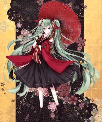 Rule 34 | 1girl, an-mar, boots, cross-laced footwear, flower, green eyes, green hair, hair flower, hair ornament, hatsune miku, highres, japanese clothes, lace-up boots, long hair, matching hair/eyes, oil-paper umbrella, skirt, solo, twintails, umbrella, very long hair, vocaloid
