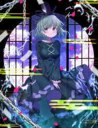 Rule 34 | 1girl, absurdres, bad id, bad twitter id, black hat, blush, breasts, chain, commentary request, dress, electricity, green dress, green eyes, green hair, hat, highres, koto seori, long sleeves, looking at viewer, medium breasts, ofuda, petals, short hair, soga no tojiko, solo, tate eboshi, touhou