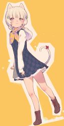 Rule 34 | 1girl, animal ears, blue dress, blue eyes, boots, cat ears, cat girl, cat tail, dress, full body, grey hair, highres, leoharju, long sleeves, original, plaid, plaid dress, simple background, solo, tail, yellow background, yellow neckwear