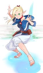 Rule 34 | 1girl, :o, belt, blonde hair, blue cape, blue vest, book, braid, cape, choker, copyright name, dungeon meshi, elf, fighting stance, green eyes, hand up, highres, long hair, looking at viewer, magic, marcille donato, no socks, pants, parted lips, pointy ears, pouch, puffy pants, ripples, sandals, solo, standing, standing on liquid, sweat, tetsu (kimuchi), v-shaped eyebrows, vest, water surface, white pants
