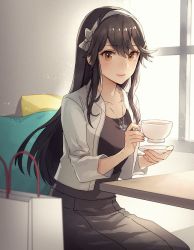 Rule 34 | 1girl, bag, black hair, brown eyes, cup, hair ornament, hairband, hairclip, haruna (kancolle), highres, holding, holding cup, jacket, jewelry, kantai collection, kasumi (skchkko), long hair, looking at viewer, mitsukoshi (department store), necklace, open clothes, open jacket, shopping bag, sitting, solo, white jacket
