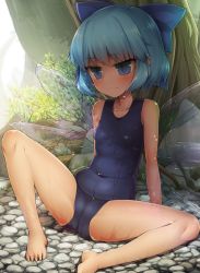 Rule 34 | 1girl, alternate costume, bad id, bad pixiv id, barefoot, blue bow, blue eyes, blue hair, bow, cirno, covered erect nipples, hair bow, highres, ice, ice wings, one-piece swimsuit, school swimsuit, short hair, sitting, solo, spread legs, swimsuit, tanyatonya, touhou, tree, wet, wings