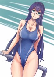 Rule 34 | 1girl, alternate breast size, black hair, blue one-piece swimsuit, breasts, competition swimsuit, cowboy shot, dutch angle, glasses, green background, green eyes, hairband, kantai collection, large breasts, long hair, looking at viewer, one-hour drawing challenge, one-piece swimsuit, ooyodo (kancolle), railing, semi-rimless eyewear, solo, swimsuit, thigh gap, tonke, two-tone background, under-rim eyewear, white background