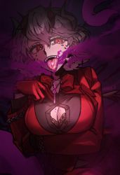 Rule 34 | 1girl, absurdres, beelzebub (helltaker), bow, bowtie, bra, breasts, cleavage, cleavage cutout, clothing cutout, demon horns, evil eyes, gloves, helltaker, highres, horns, jacket, large breasts, naughty face, ooze, paulandcookie, poison, purple theme, red eyes, red gloves, red jacket, saliva, saliva trail, sharp teeth, signature, teeth, tongue, underwear, white hair, white horns