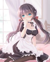 Rule 34 | 1girl, apron, azur lane, bed, bed sheet, black hair, black legwear, blue eyes, bow, breasts, choker, cleavage, collarbone, commentary request, covering own mouth, eyes visible through hair, glasgow (azur lane), hair between eyes, hair bow, hair ribbon, highres, long hair, looking at viewer, low twintails, maid, maid apron, maid headdress, medium breasts, oyoyoyo, ribbon, short sleeves, sidelocks, sitting, solo, twintails, wariza, window