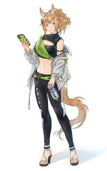 Rule 34 | 1girl, :o, absurdres, alternate costume, animal ears, aqua eyes, armband, belt, black pants, black shirt, bottle, brand name imitation, breasts, buckle, cellphone, cleavage, commentary, crop top, fake animal ears, fanny pack, full body, green nails, grey jacket, hair ornament, hairclip, hand up, headphones, headphones for animal ears, high heels, highres, holding, holding bottle, holding phone, horse ears, horse girl, horse tail, jacket, looking at viewer, medium breasts, midriff, navel, off shoulder, open clothes, open jacket, pants, phone, pocari sweat, ponytail, shimatani azu, shirt, short hair, snap-fit buckle, solo, standing, star (symbol), star hair ornament, symbol-only commentary, taiki shuttle (umamusume), tail, toes, umamusume, white background