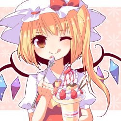 Rule 34 | 1girl, :q, ;q, arm up, ascot, blonde hair, female focus, flandre scarlet, floral background, flower, food, fruit, glass, hat, hat ribbon, koza, kozakura (dictionary), looking at viewer, no nose, one eye closed, parfait, pink background, pocky, pudding, red eyes, ribbon, shirt, short hair, short sleeves, side ponytail, solo, spoon, strawberry, syrup, tongue, tongue out, touhou, upper body, vest, whipped cream, wings, wink