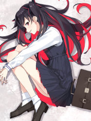 Rule 34 | 1girl, bare legs, black bow, black dress, black hair, bow, briefcase, brown footwear, commentary request, dress, fate/grand order, fate (series), fetal position, from above, hair bow, ishtar (fate), loafers, long hair, long sleeves, looking at viewer, lying, multicolored hair, on side, own hands together, parted lips, pinafore dress, pleated dress, profile, red eyes, red hair, school briefcase, school uniform, shirt, shoes, sleeveless, sleeveless dress, smile, socks, solo, space ishtar (fate), two-tone hair, two side up, very long hair, white shirt, white socks, yahako