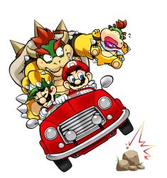 Rule 34 | 4boys, bad id, bad pixiv id, blue eyes, bowser, bowser jr., brothers, car, clenched teeth, closed eyes, driving, facial hair, fang, father and son, gloves, hat, highres, horns, luigi, male focus, mario, mario (series), monster, motor vehicle, multiple boys, mustache, nintendo, open mouth, red hair, rock, siblings, sweatdrop, teeth, vehicle, vehicle focus, white gloves, wrist cuffs
