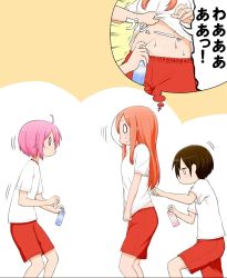 Rule 34 | 3girls, ahoge, aikawa chiho, bad id, bad pixiv id, blank eyes, breasts, brown hair, closed mouth, clothes pull, commentary request, flat chest, from side, hasegawa fumi, long hair, medium breasts, multiple girls, navel, nonohara yuzuko, orange hair, pink hair, poronegi, red shorts, shirt, shirt pull, short hair, shorts, shouting, speech bubble, spray can, sweatdrop, thinking, translated, trembling, two-tone background, white shirt, worried, yuyushiki