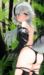 Rule 34 | 1girl, ahoge, arknights, ass, back, black hair, black panties, black thighhighs, blurry, blurry background, commentary request, cowboy shot, crocodilian tail, grey hair, hair between eyes, ke-su, long hair, looking at viewer, multicolored hair, open mouth, panties, plant, pointy ears, skindentation, solo, streaked hair, tail, thighhighs, tomimi (arknights), torn clothes, torn thighhighs, underwear, yellow eyes