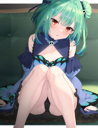 Rule 34 | 1girl, animal print, black panties, blue dress, blue hair, blush, border, bow, butterfly-shaped pupils, butterfly print, couch, double bun, dress, earrings, feet out of frame, flat chest, gradient hair, green hair, green nails, hair bow, hair bun, hair ornament, highres, hololive, jewelry, kurono yuzuko, legs up, looking at viewer, multicolored hair, on couch, open mouth, outside border, panties, red eyes, short hair, sitting, skull earrings, skull hair ornament, skull ornament, solo, sweat, symbol-shaped pupils, underwear, uruha rushia, uruha rushia (1st costume), virtual youtuber, white border
