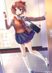 Rule 34 | 1girl, absurdres, artist name, bag, blue eyes, blue skirt, bow, brown hair, commentary, doki doki literature club, door, english commentary, food in mouth, grey jacket, hair bow, highres, indoors, jacket, kneehighs, long sleeves, looking at viewer, making-of available, mouth hold, neck ribbon, off shoulder, open clothes, open door, open jacket, orange vest, pleated skirt, red bow, red ribbon, ribbon, sayori (doki doki literature club), school uniform, shirt, shoes, short hair, skirt, socks, solo, standing, standing on one leg, takuyarawr, tile floor, tiles, vest, white shirt, white socks, wing collar, wooden floor