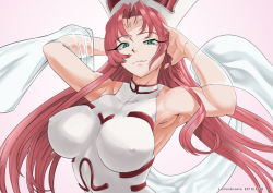 Rule 34 | 1girl, aqua eyes, arm behind head, armpits, arms up, bare shoulders, breasts, covered erect nipples, dreamman, facial mark, forehead mark, hand in own hair, hat, houshin engi, huge breasts, impossible clothes, long eyelashes, long hair, pink hair, shawl, simple background, smile, so dakki, solo, upper body