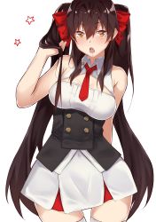 Rule 34 | 1girl, absurdres, arm behind back, blush, breasts, brown hair, cleavage, fluegel (kaleido scope-710), girls&#039; frontline, hair between eyes, hair ornament, hair ribbon, hand in own hair, hand on back, highres, long hair, looking at viewer, medium breasts, necktie, open mouth, red necktie, red ribbon, ribbon, skirt, solo, twintails, type 97 (girls&#039; frontline), very long hair, white background, white skirt