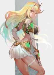 Rule 34 | 1girl, ass, bare legs, bare shoulders, blonde hair, breasts, butt crack, chest jewel, cleavage cutout, clothing cutout, dress, earrings, elbow gloves, gem, gloves, headpiece, highres, jewelry, lack, large breasts, long hair, looking at viewer, mythra (xenoblade), nintendo, short dress, solo, super smash bros., swept bangs, thigh strap, tiara, very long hair, white dress, white footwear, white gloves, xenoblade chronicles (series), xenoblade chronicles 2, yellow eyes