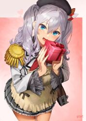 Rule 34 | 1girl, 9-ga, apron, artist name, beret, black hat, blue eyes, box, cowboy shot, dated, epaulettes, gift, gift box, grey hair, grey skirt, hair between eyes, hat, heart, highres, holding, holding gift, jacket, kantai collection, kashima (kancolle), long sleeves, looking at viewer, medium hair, open mouth, pleated skirt, signature, skirt, smile, solo, twintails, valentine, white jacket, yellow apron
