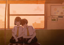 Rule 34 | 1boy, 1girl, absurdres, backlighting, bag, blush, brown eyes, brown hair, building, clenched hands, closed eyes, cloud, collared shirt, couple, dot nose, evening, hetero, highres, huge filesize, indoors, itunohika, leaning on person, leaning to the side, looking at viewer, necktie, original, parted lips, pleated skirt, raised eyebrows, school bag, school uniform, seat, shirt, short hair, short sleeves, side-by-side, sitting, skirt, sleeping, sleeping on person, sleeping upright, surprised, sweat, train, train interior, white shirt, wide-eyed, window, wing collar, yellow neckwear