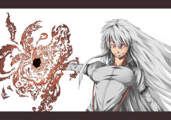 Rule 34 | &gt;:d, 1girl, :d, arm garter, belt buckle, breasts, buckle, covered erect nipples, crazy eyes, dress shirt, evil grin, evil smile, fang, female focus, fire, fujiwara no mokou, grin, impossible clothes, impossible shirt, large breasts, letterboxed, long hair, long sleeves, magic, messy hair, open mouth, outstretched arm, outstretched hand, puffy sleeves, red eyes, shirt, silver hair, simple background, smile, solo, supu, suspenders, touhou, upper body, v-shaped eyebrows, very long hair, white background