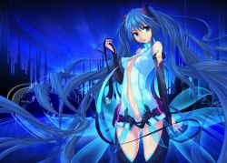 Rule 34 | 1girl, bad id, bad pixiv id, blue background, blue eyes, blue hair, breasts, bridal gauntlets, center opening, detached sleeves, facing viewer, floating hair, hatsune miku, hatsune miku (append), holding, long hair, looking at viewer, maru-pen, matching hair/eyes, no bra, open clothes, open mouth, perky breasts, solo, standing, thighhighs, twintails, very long hair, vocaloid, vocaloid append