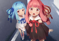 Rule 34 | 2girls, absurdres, bare shoulders, black dress, black sleeves, blue hair, blue ribbon, blunt bangs, child, commentary, detached sleeves, dress, hair ribbon, hand on another&#039;s shoulder, highres, japanese clothes, kotonoha akane, kotonoha aoi, looking at viewer, multiple girls, open mouth, partner (kprtnr), pink eyes, pink hair, red ribbon, ribbon, road, sailor collar, siblings, sisters, sparkling eyes, street, tears, voiceroid, white dress, white sleeves