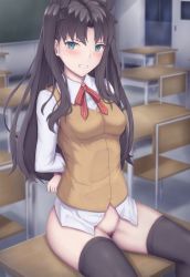 Rule 34 | 1girl, arms behind back, black hair, black thighhighs, blush, bottomless, bound, bound arms, breasts, brown vest, chair, classroom, collared shirt, cross print, desk, fate/stay night, fate (series), female pubic hair, green eyes, homurahara academy school uniform, indoors, long hair, long sleeves, medium breasts, neck ribbon, ohguro mariya, on desk, pubic hair, red ribbon, red rope, ribbon, rope, school chair, school desk, school uniform, shirt, sitting, on desk, solo, thighhighs, tohsaka rin, two side up, vest, white shirt