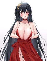 Rule 34 | 1girl, absurdres, ahoge, asymmetrical hair, azur lane, black hair, black panties, blush, breasts, breasts squeezed together, choker, cleavage, collarbone, commentary, cowboy shot, crossed bangs, dress, drooling, gluteal fold, gradient background, grey background, hair between eyes, hair ornament, highres, huge breasts, kirin3145, licking lips, long hair, looking at viewer, micro panties, official alternate costume, panties, parted lips, red choker, red dress, red eyes, saliva, side ponytail, simple background, sleeveless, sleeveless dress, solo, spaghetti strap, standing, taihou (azur lane), taihou (forbidden feast) (azur lane), thigh gap, tongue, tongue out, underwear, very long hair, white background