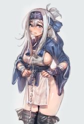 Rule 34 | 10s, 1girl, ainu clothes, bandana, black thighhighs, blue background, blue eyes, blush, bow (bhp), breasts, chain, folded ponytail, hair between eyes, headband, kamoi (kancolle), kantai collection, large breasts, legs together, long hair, long sleeves, looking at viewer, no panties, open mouth, pelvic curtain, see-through, shiny skin, sideboob, sidelocks, simple background, sketch, solo, standing, thick eyebrows, thighhighs, thighs, white hair