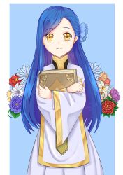 Rule 34 | 1girl, absurdres, blue background, blue hair, book, crossed arms, england, flower, gold trim, hair flower, hair ornament, highres, holding, holding book, honzuki no gekokujou, long hair, looking at viewer, myne (honzuki no gekokujou), nana ichi, robe, simple background, smile, solo, standing, white robe, wide sleeves, yellow eyes